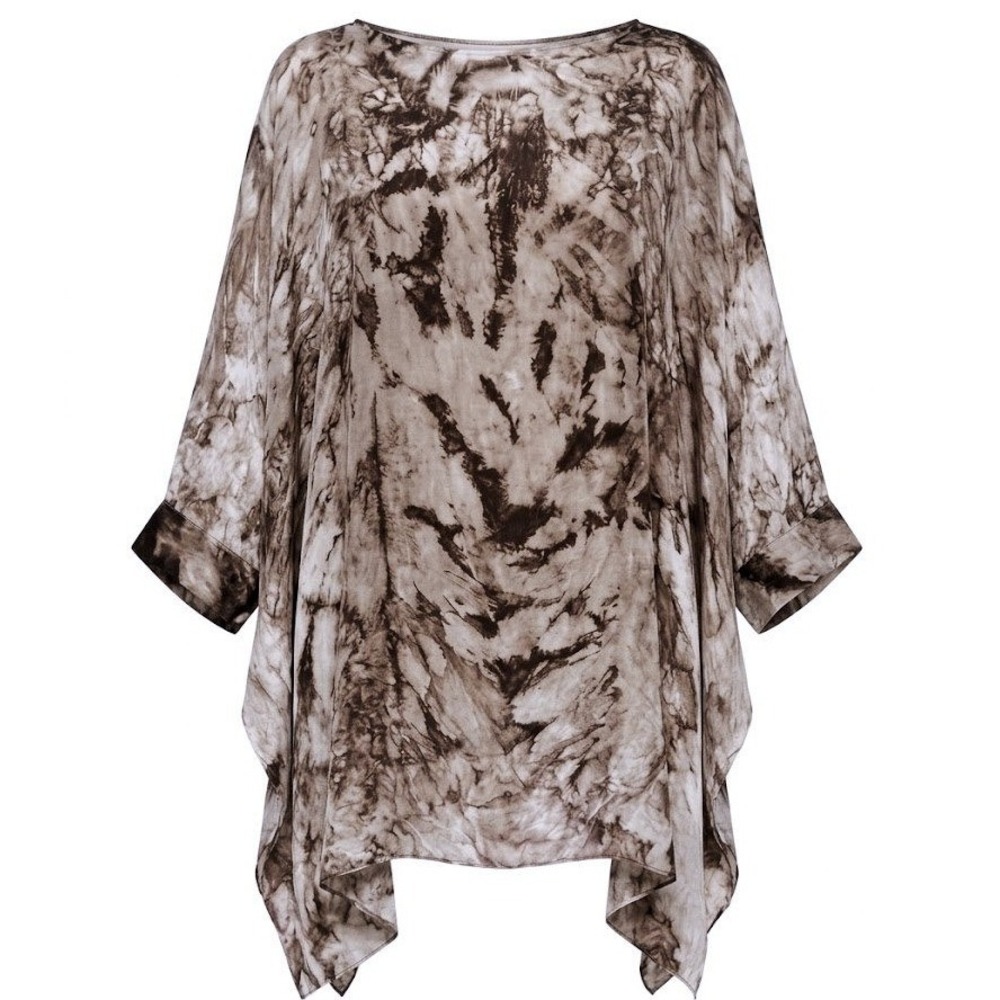 M Made in Italy Silk Blend Tie Dye Poncho Blouse Gray Brown Large Lined